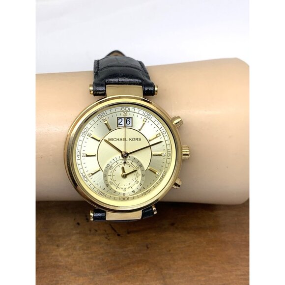 Michael Kors Women\'s Watch MK2433 Sawyer Quartz Gold Black Leather Band 39mm main image 12
